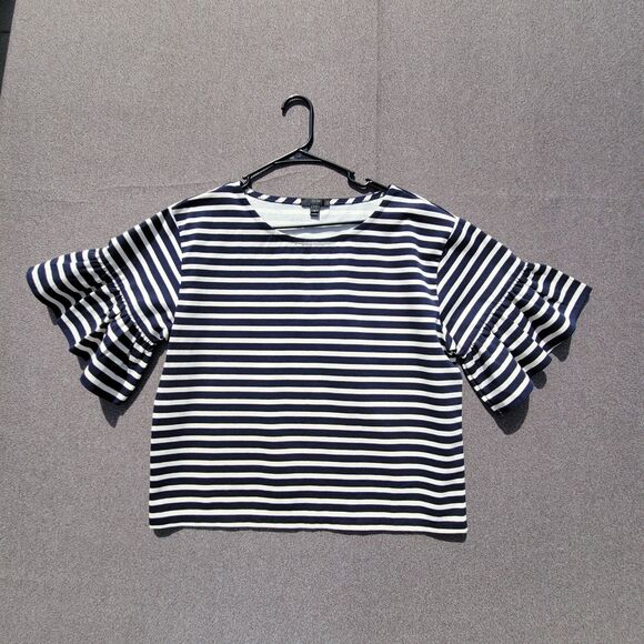 J Crew M Blue Cream Striped Boatneck Ruffle Sleeve Blouse 964 - Picture 1 of 7